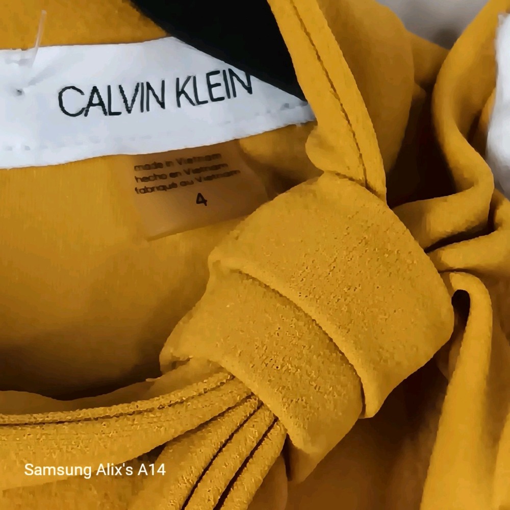 Calvin Klein Dress Women Sz 4 Mustard Crepe Bow Retro Glam Royal Secretary $134 - Picture 4 of 9